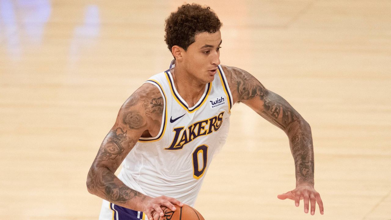 Lakers forward Kyle Kuzma during an NBA preseason basketball game in Los Angeles, Friday, Dec. 11, 2020. (AP Photo/Kyusung Gong)