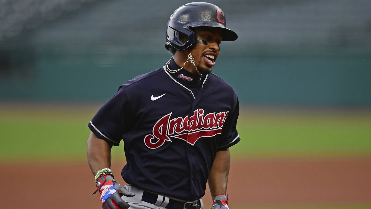FILE - In this July 10, 2020, file photo, Cleveland Indians' Francisco Lindor runs the bases after hitting a home run during a simulated game at Progressive Field in Cleveland. (AP Photo/David Dermer, File)