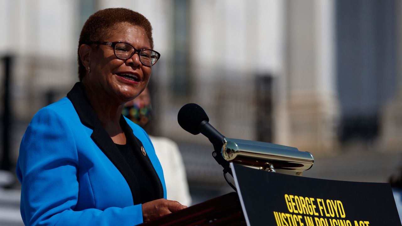 In this June 25, 2020, file photo, Rep. Karen Bass, D-Calif., speaks during a news conference on Capitol Hill in Washington. 