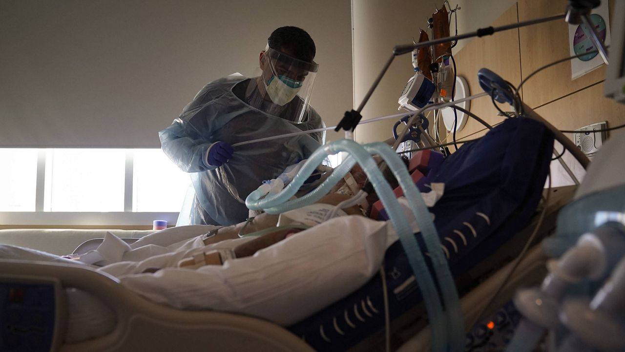 In this Dec. 22, 2020, file photo, Dr. Mher Onanyan tends to a COVID-19 patient at Providence Holy Cross Medical Center in Los Angeles. (AP Photo/Jae C. Hong, File)