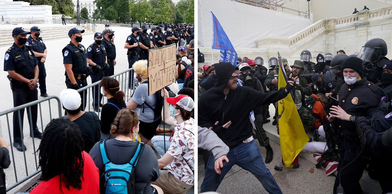 In this combination of photos, on June 3, 2020, demonstrators, left, protest the death of George Floyd at the U.S. Capitol in Washington and Trump supporters try to break through a police barrier Jan. 6, 2021, at the same location. (AP Photos)