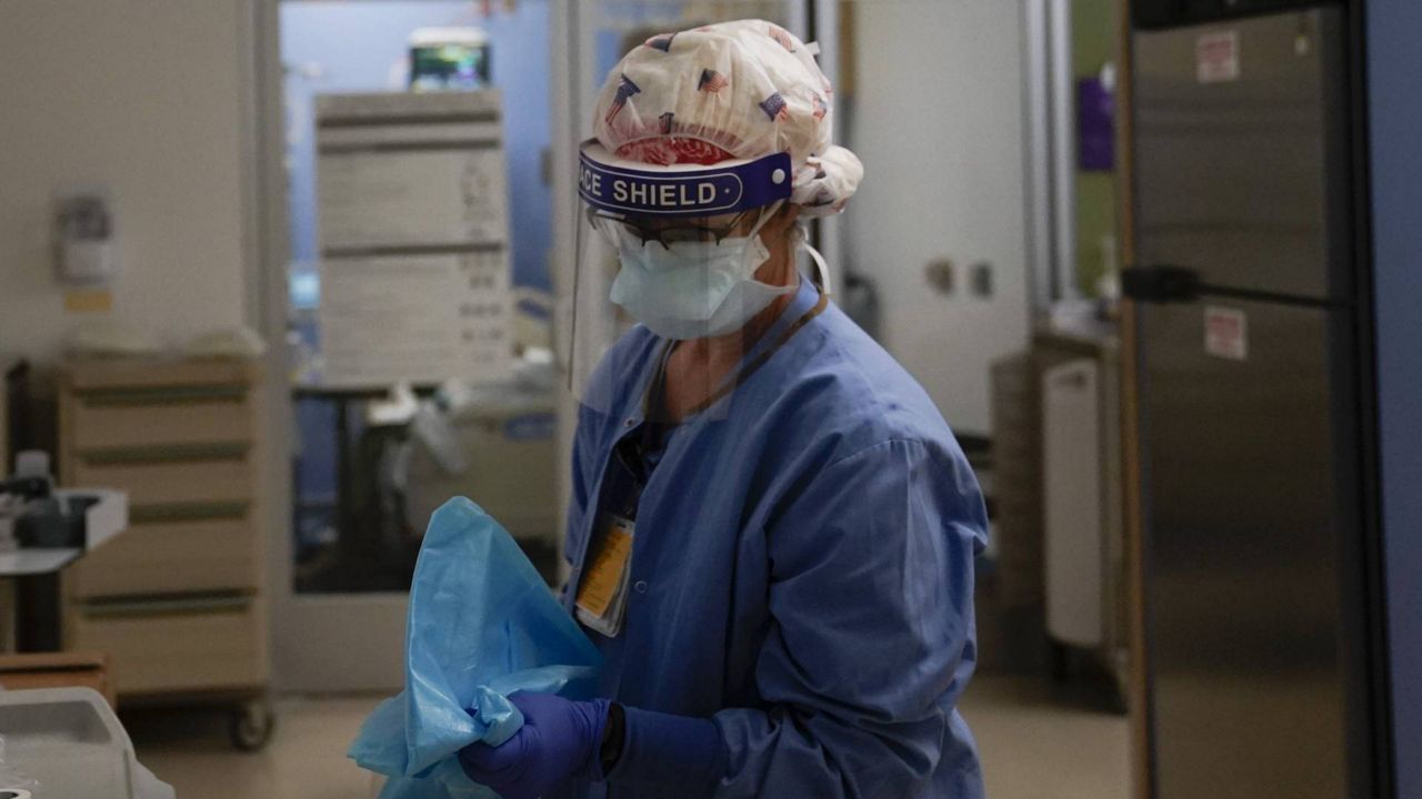 Registered nurse Anita Grohmann puts on her PPE next to a patient in a COVID-19 unit at St. Joseph Hospital in Orange, Calif., Jan. 7, 2021. (AP Photo/Jae C. Hong)