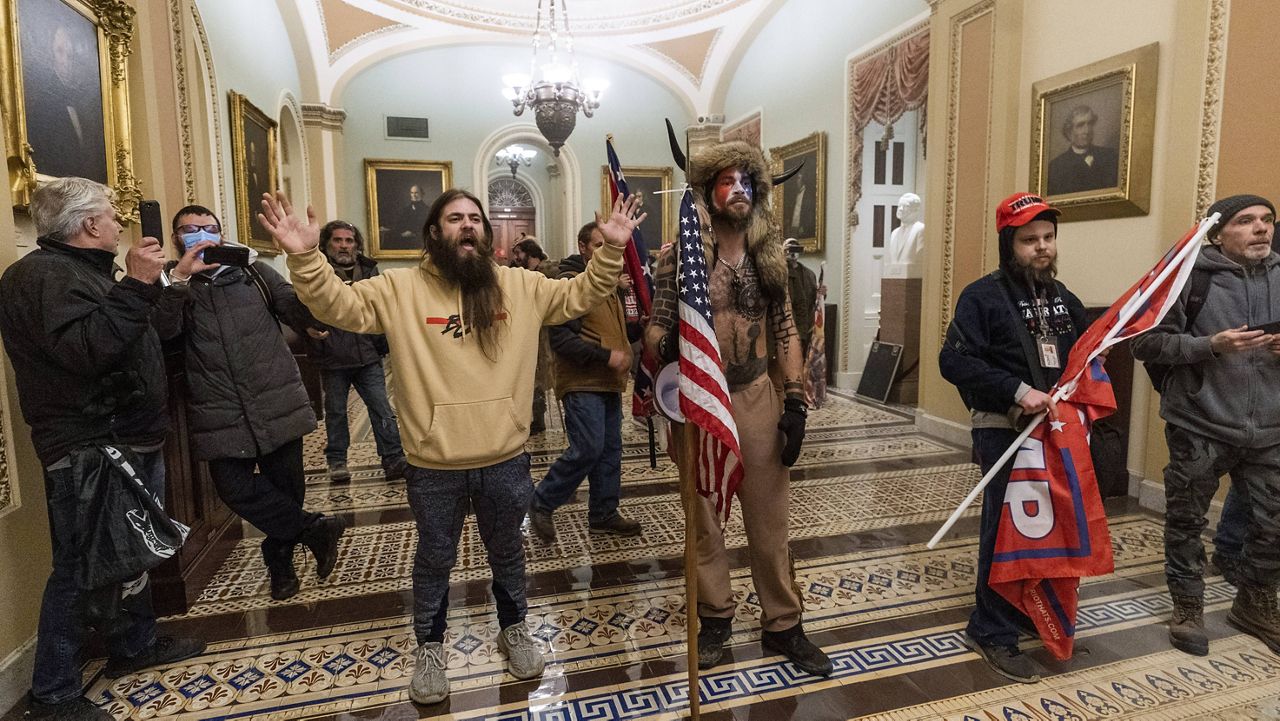 Supporters of President Donald Trump are confronted by U.S. Capitol Police officers outside the Senate Chamber inside the Capitol on Wednesday.  (AP Photo/Manuel Balce Ceneta, file)