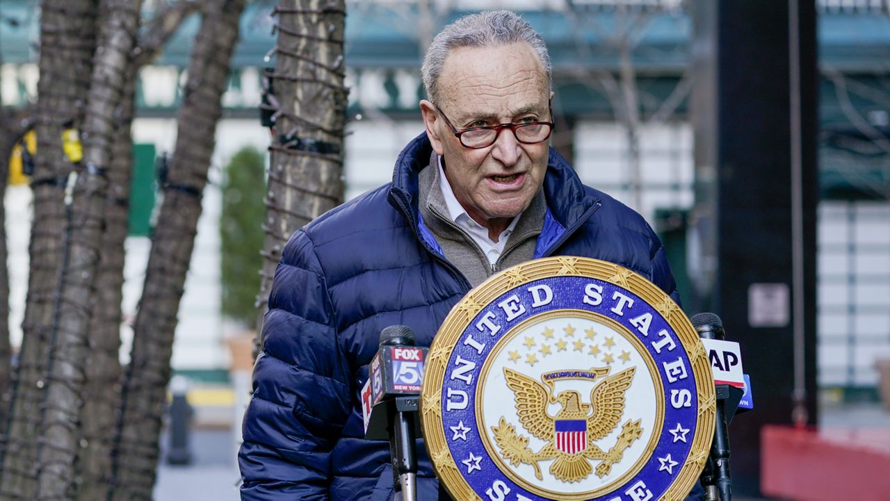 In this Jan. 12, 2021, photo, Senate Minority Leader Chuck Schumer, D-N.Y., speaks to reporters during a news conference in New York. (AP Photo/Mary Altaffer)