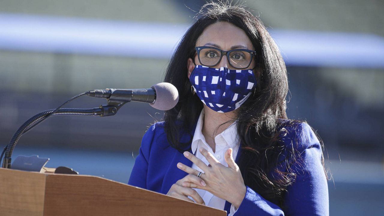 Los Angeles City Council President Nury Martinez addresses a press conference held at the launch of a mass COVID-19 vaccination site at Dodger Stadium, Jan. 15, 2021, in LA. (Irfan Khan/LA Times via AP, Pool)