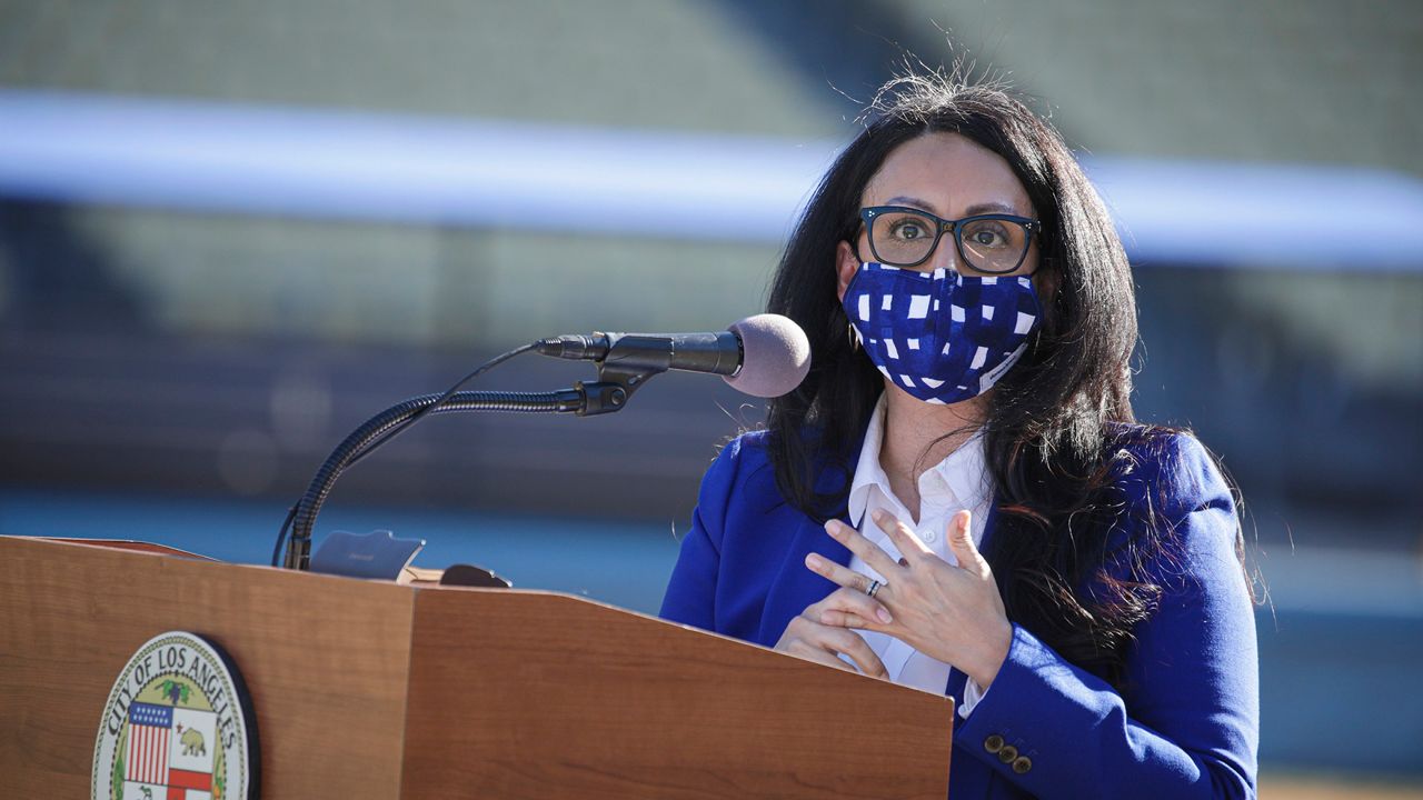 Los Angeles City Council President Nury Martinez addresses a press conference held at the launch of a mass COVID-19 vaccination site at Dodger Stadium Friday, Jan. 15, 2021, in Los Angeles. (Irfan Khan/Los Angeles Times via AP, Pool)