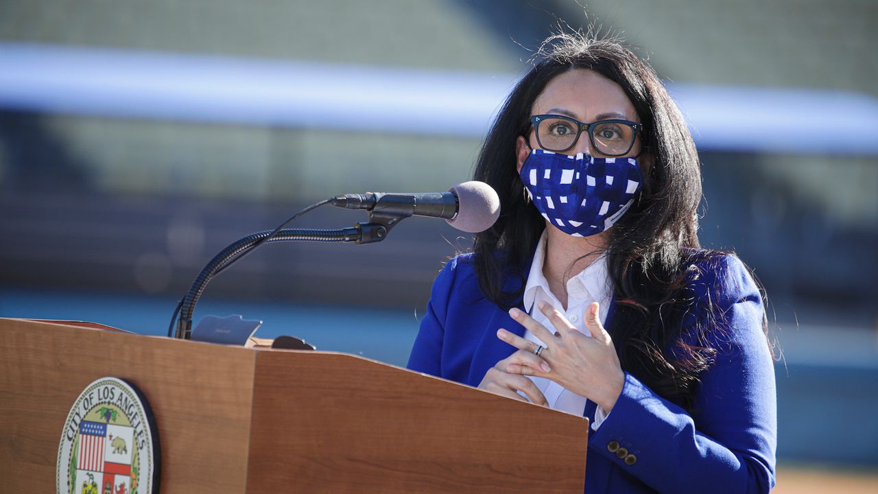 Los Angeles City Council President Nury Martinez addresses a press conference held at the launch of a mass COVID-19 vaccination site at Dodger Stadium Friday, Jan. 15, 2021, in Los Angeles. (Irfan Khan/Los Angeles Times via AP, Pool)