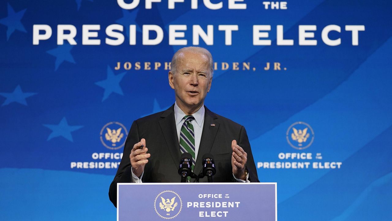President-elect Joe Biden speaks during an event at The Queen theater, Saturday, Jan. 16, 2021, in Wilmington, Del. (AP Photo/Matt Slocum)