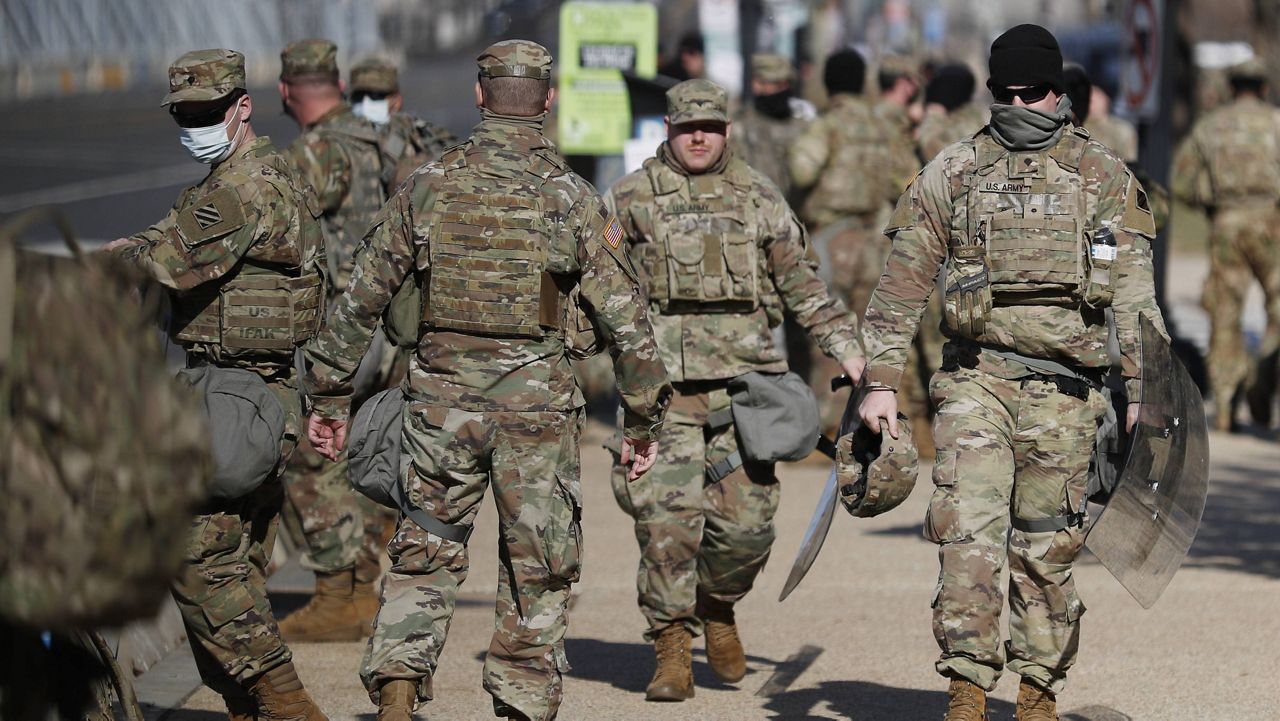 National Guard troops continue to be deployed around the Capitol one day after the inauguration of President Joe Biden on Thursday (AP Photo/Rebecca Blackwell)