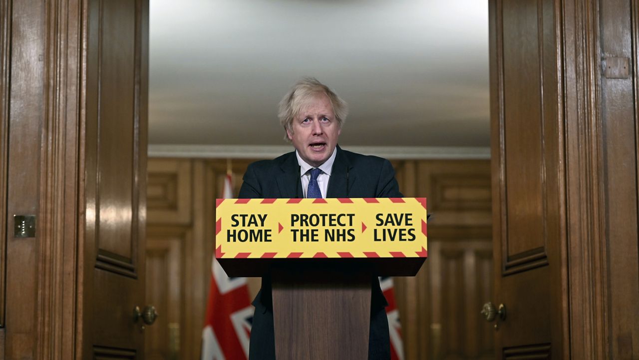 Britain's Prime Minister Boris Johnson speaks during a coronavirus press conference at 10 Downing Street in London, Friday Jan. 22, 2021. (Leon Neal/Pool via AP)