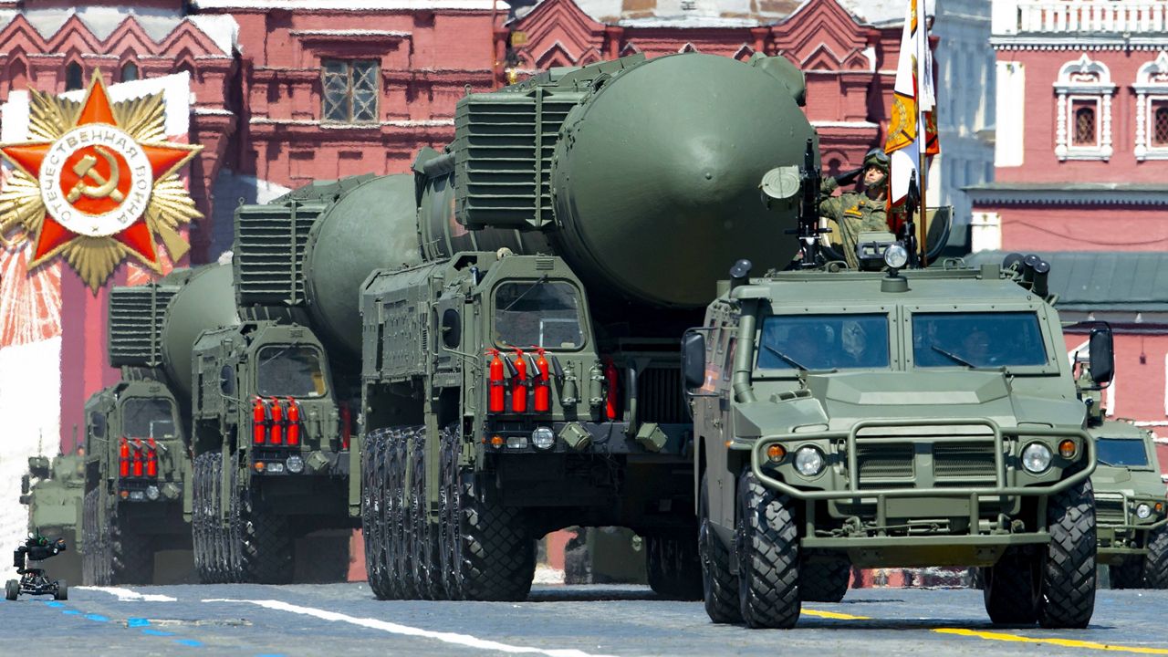In this file photo taken on Wednesday, June 24, 2020, Russian RS-24 Yars ballistic missiles roll in Red Square during the Victory Day military parade. (AP Photo/Alexander Zemlianichenko, File)
