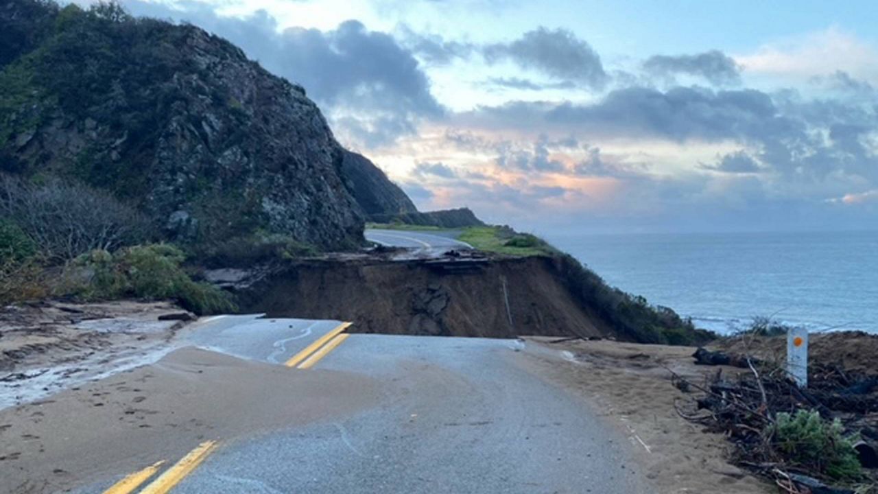 In this photo provided by Caltrans, a section of Highway 1 is collapsed following a heavy rainstorm near Big Sur, Calif., on Friday, Jan. 29, 2021. (Caltrans via AP)