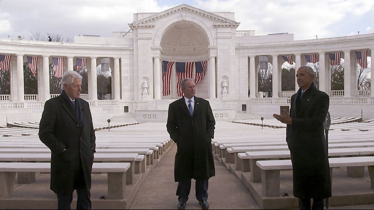 Former Presidents Bill Clinton, George W. Bush and Barack Obama speak during a Celebrating America concert on Inauguration Day Jan. 20. (Biden Inaugural Committee via AP)