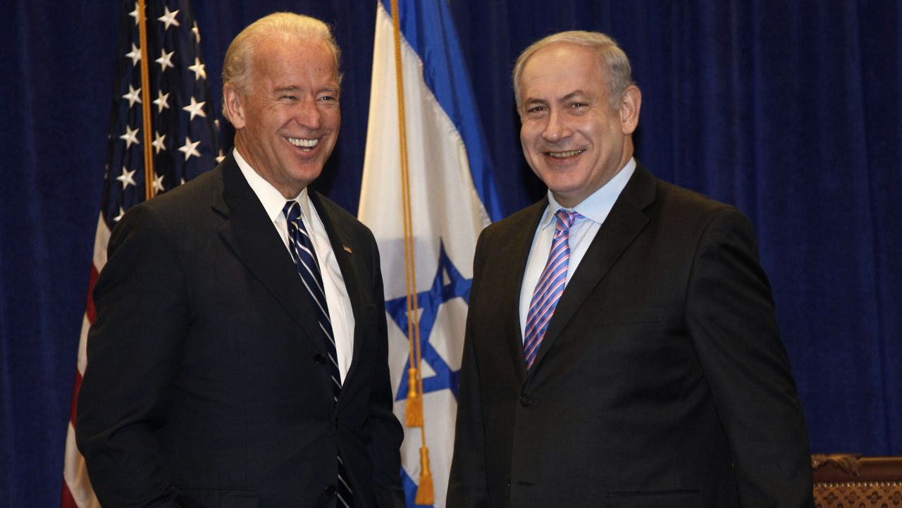 FILE - In this Nov. 7, 2010 file photo, Vice President Joe Biden meets with Israeli Prime Minister Benjamin Netanyahu at the annual General Assembly of the Jewish Federations of North America in New Orleans. (AP Photo/Gerald Herbert, File)