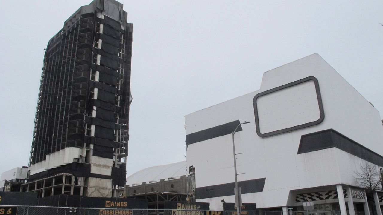 This photo shows the former Trump Plaza casino in Atlantic City, N.J. on Tuesday, the day before its main tower (left) was to be imploded. (AP Photo/Wayne Parry)