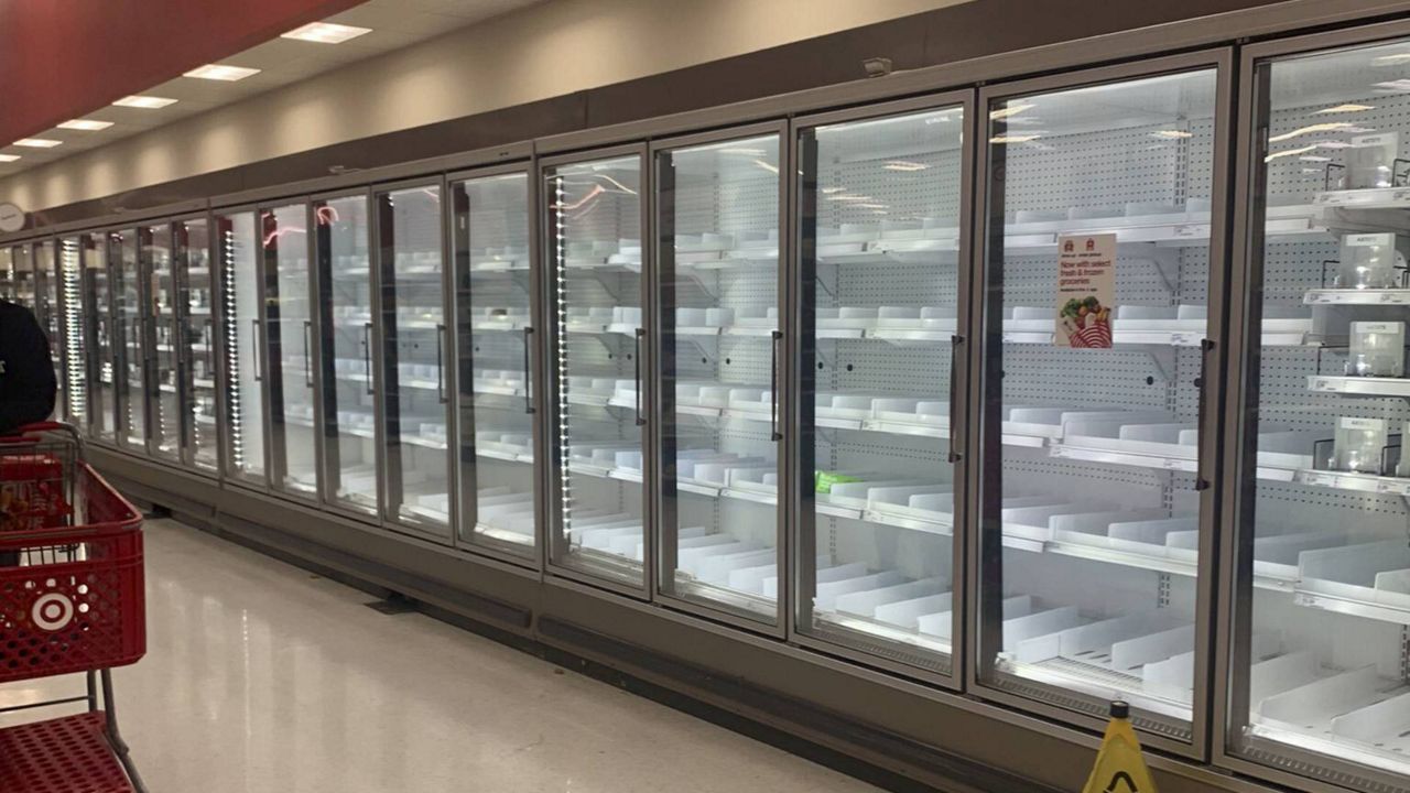 An empty display is shown at a Target in South Austin, Texas on Wednesday, Feb. 17, 2021. (Kolby Lee via AP)