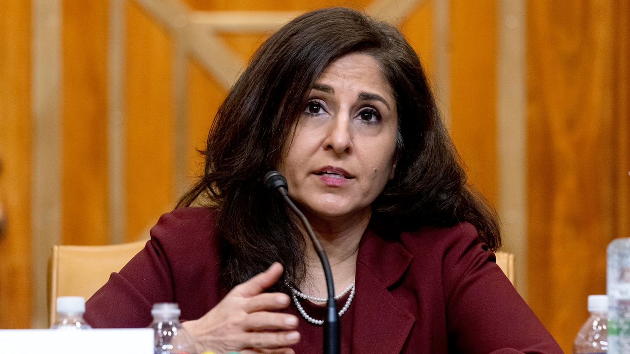 FILE - In this Feb. 10, 2021 file photo, Neera Tanden, President Joe Biden's nominee for Director of the Office of Management and Budget (OMB), testifies during a Senate Committee on the Budget hearing on Capitol Hill in Washington. (AP Photo/Andrew Harnik, Pool)