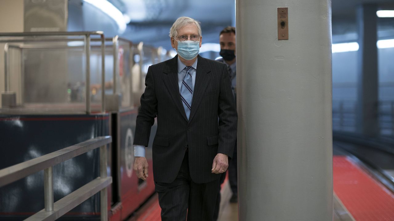 Senate Minority Leader Mitch McConnell, R-Ky., arrives for votes on President Joe Biden's cabinet nominees, at the Capitol in Washington, Thursday, Feb. 25, 2021. (AP Photo/J. Scott Applewhite)