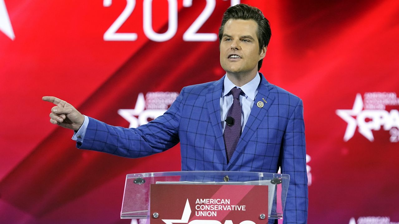 U.S. Rep. Matt Gaetz, R-Fla.,, speaks at the Conservative Political Action Conference (CPAC) Friday, Feb. 26, 2021, in Orlando, Fla. (AP Photo/John Raoux)