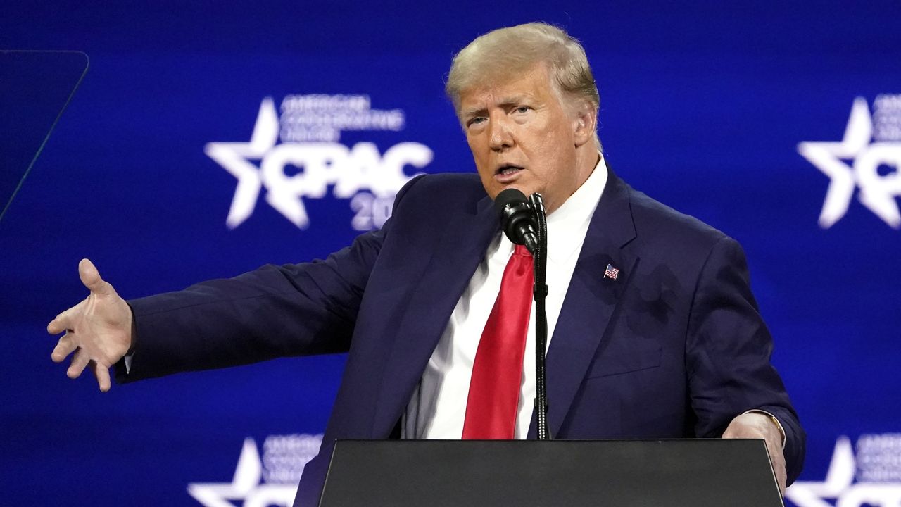 Former president Donald Trump speaks at the Conservative Political Action Conference (CPAC) Sunday, Feb. 28, 2021, in Orlando, Fla. (AP Photo/John Raoux)