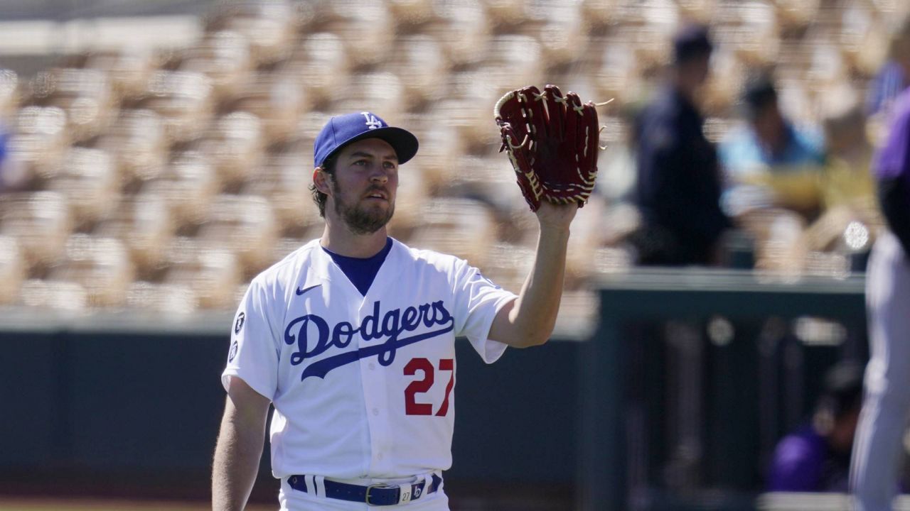 Los Angeles Dodgers starting pitcher Trevor Bauer (27) in pre game