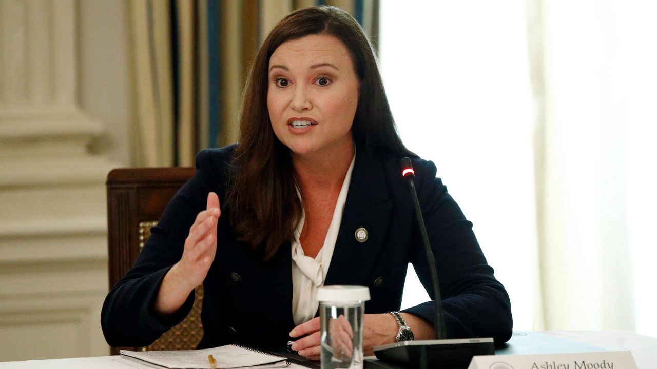 In this June 8, 2020 file photo, Florida Attorney General Ashley Moody speaks during a roundtable discussion at the White House in Washington. (AP Photo/Patrick Semansky, File)