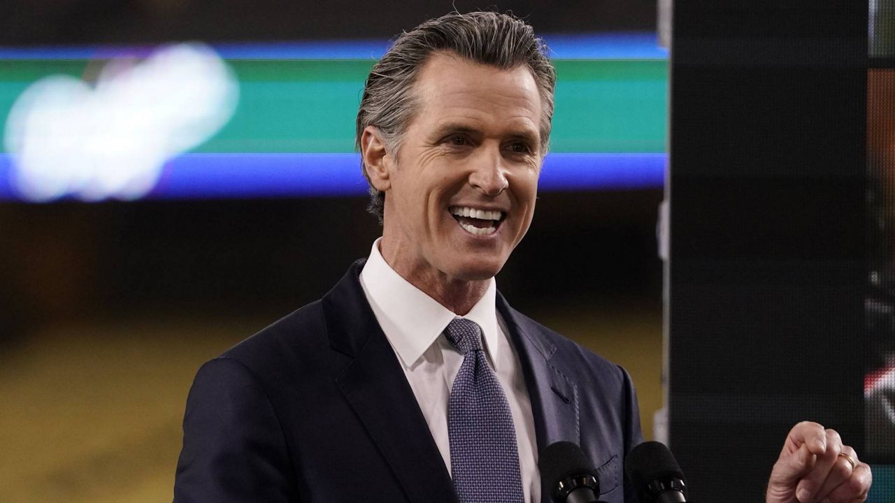 In this Tuesday, March 9, 2021 file photo, California Gov. Gavin Newsom delivers his State of the State address from Dodger Stadium in Los Angeles. (AP Photo/Mark J. Terrill)