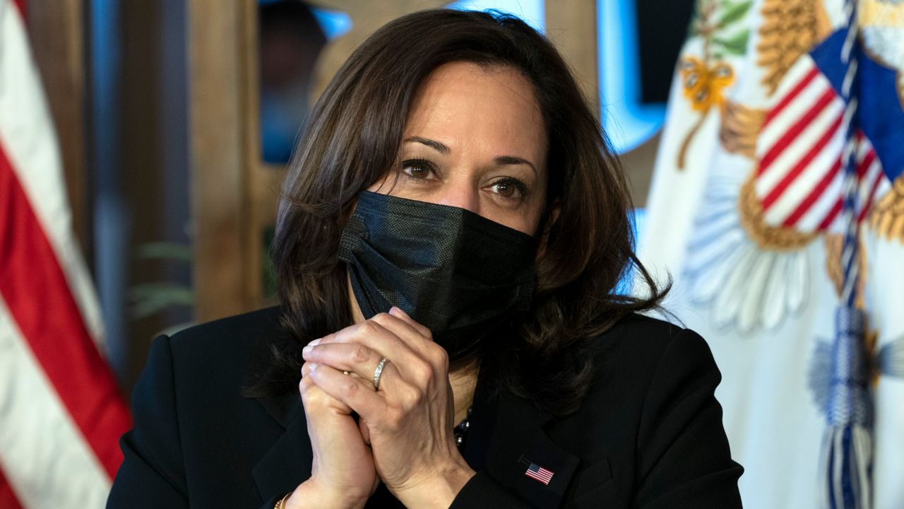 Vice President Kamala Harris, listens to small business owners at Maria Empanada, Tuesday March 16, 2021, in Denver. (AP Photo/Jacquelyn Martin)