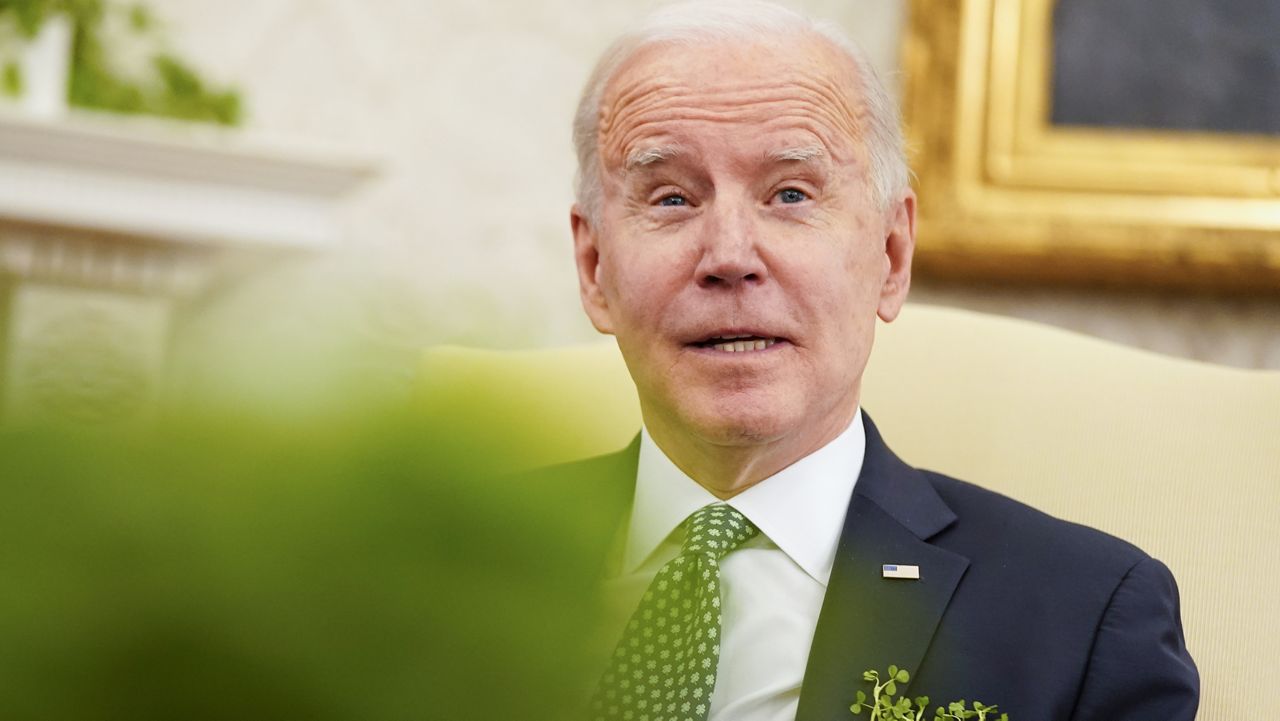 President Joe Biden speaks during a virtual meeting with Ireland's Prime Minister Micheal Martin on St. Patrick's Day, in the Oval Office of the White House, Wednesday, March 17, 2021, in Washington. (AP Photo/Andrew Harnik)