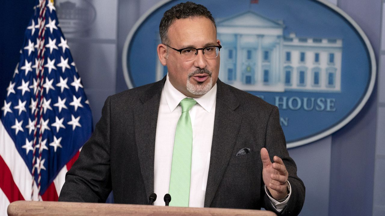 Education Secretary Miguel Cardona speaks during a press briefing at the White House, Wednesday, March 17, 2021, in Washington. (AP Photo/Andrew Harnik)