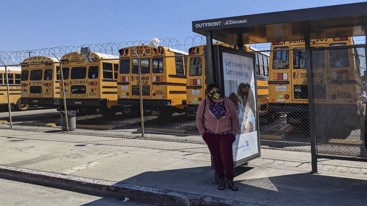 In this March 16, 2021 photo, school buses remain parked in Los Angeles. (AP Photo/Damian Dovarganes)