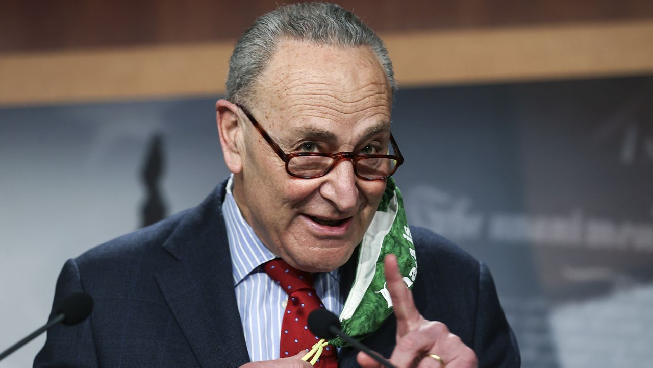 Senate Majority Leader Chuck Schumer of New York, holds a news conference, Thursday, March 25, 2021 on Capitol Hill in Washington. (Jonathan Ernst/Pool via AP)