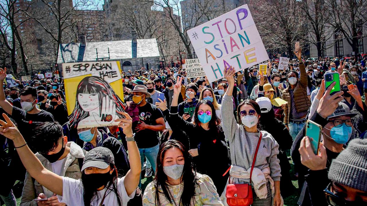 This Sunday March 21, 2021 file photo shows people at a rally against hate and violence against Asians living in the United States in Columbus Park in the Chinatown section of the Manhattan, N.Y. Police Commissioner Dermot Shea said Thursday, March 25, 2021 that the department is sending undercover officers to Chinatown and other areas with significant Asian populations to prevent and disrupt attacks. 