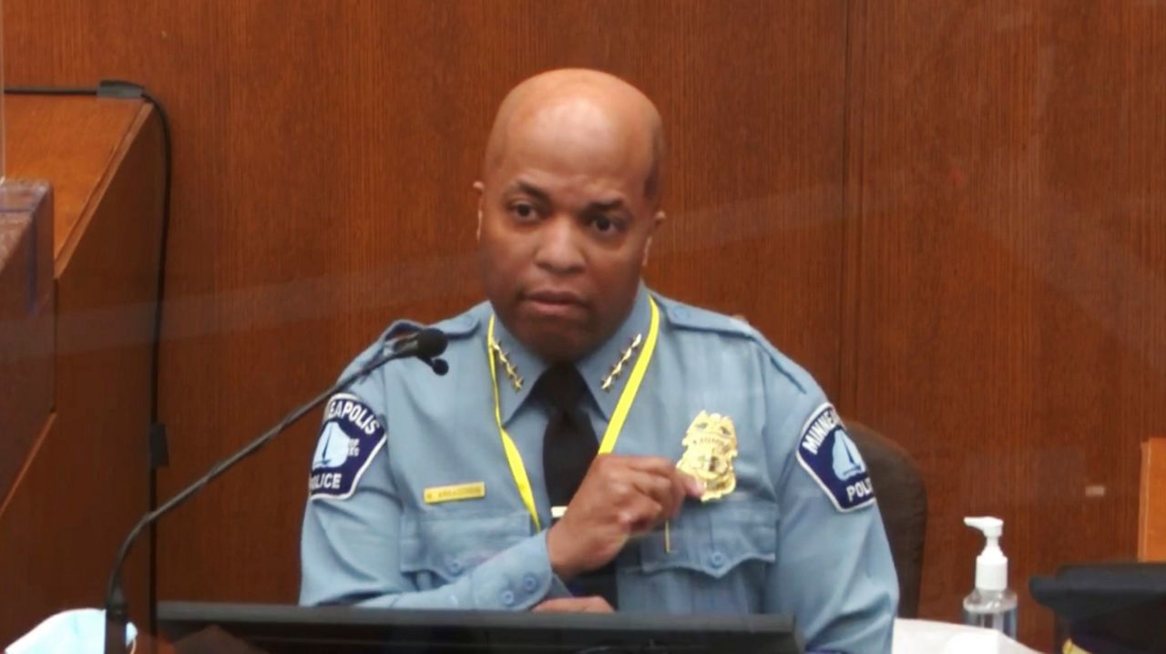 Minneapolis Police Chief Medaria Arradondo testifies at the Derek Chauvin trial Monday. (Court TV via AP, Pool)