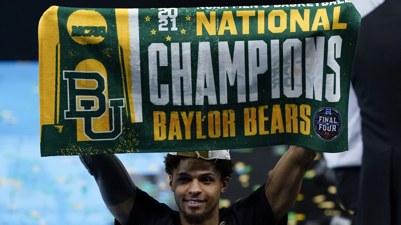 Baylor guard MaCio Teague celebrates after the championship game against Gonzaga in the men's Final Four NCAA college basketball tournament, Monday, April 5, 2021, at Lucas Oil Stadium in Indianapolis. Baylor won 86-70. (AP Photo/Darron Cummings)