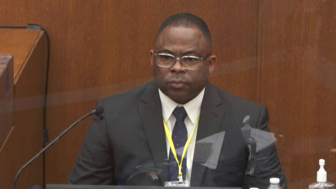LAPD Sgt. Jody Stiger, a use-of-force expert, testifies at Derek Chauvin's murder trial Wednesday. (Court TV via AP, Pool)