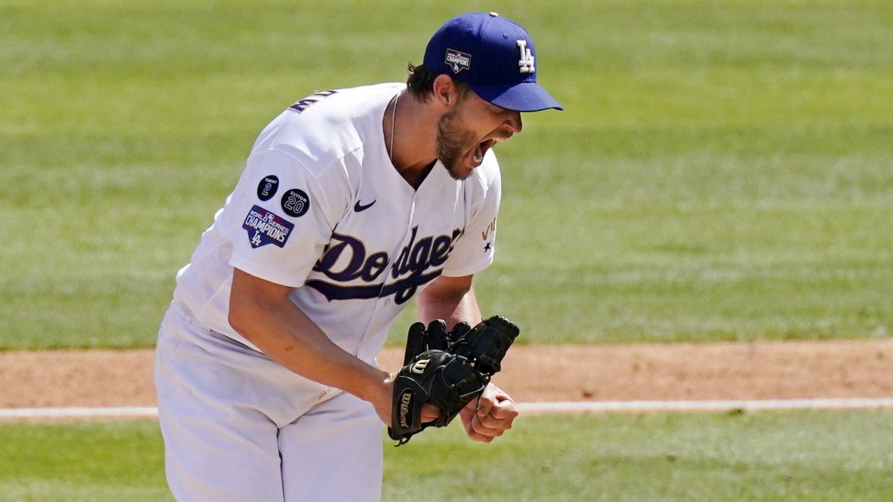 Clayton Kershaw of the Los Angeles Dodgers celebrates with the