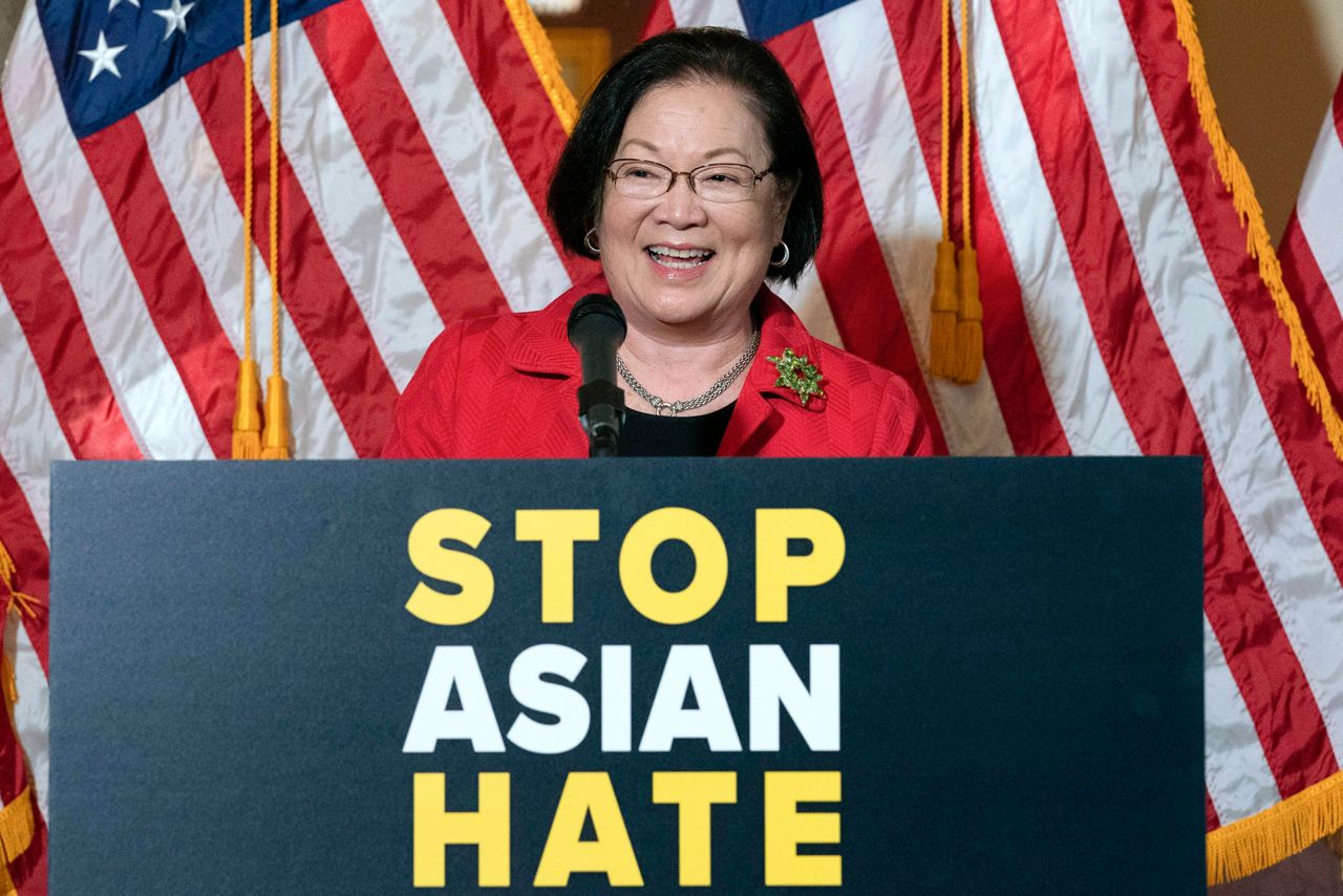 Sen. Mazie Hirono, D-Hawaii, speaks during a news conference on Capitol Hill, in Washington, Tuesday, April 13, 2021. (AP Photo/Jose Luis Magana)