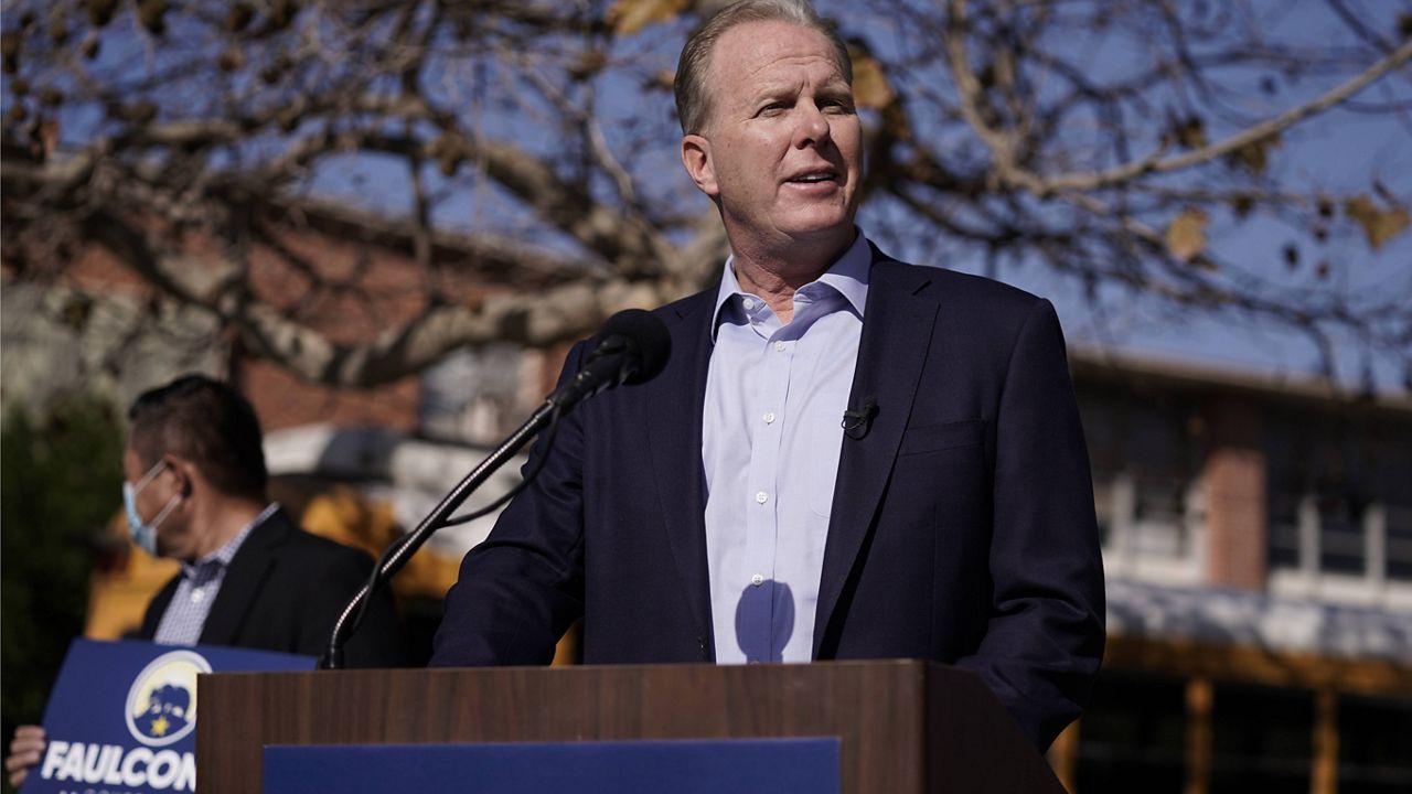 In this Feb. 2, 2021, file photo, former San Diego Mayor Kevin Faulconer speaks during a news conference in the San Pedro section of Los Angeles. (AP Photo/Jae C. Hong, File)