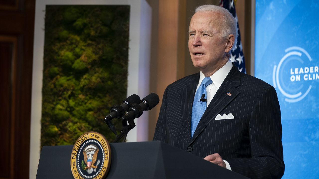 President Joe Biden speaks to the virtual Leaders Summit on Climate, from the East Room of the White House, Friday, April 23, 2021, in Washington. (AP Photo/Evan Vucci)