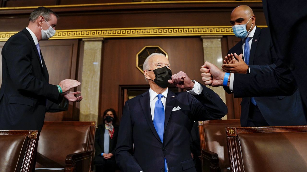 President Joe Biden arrives to speak to a joint session of Congress, Wednesday, April 28, 2021, in the House Chamber at the U.S. Capitol in Washington. (Melina Mara/The Washington Post via AP, Pool)