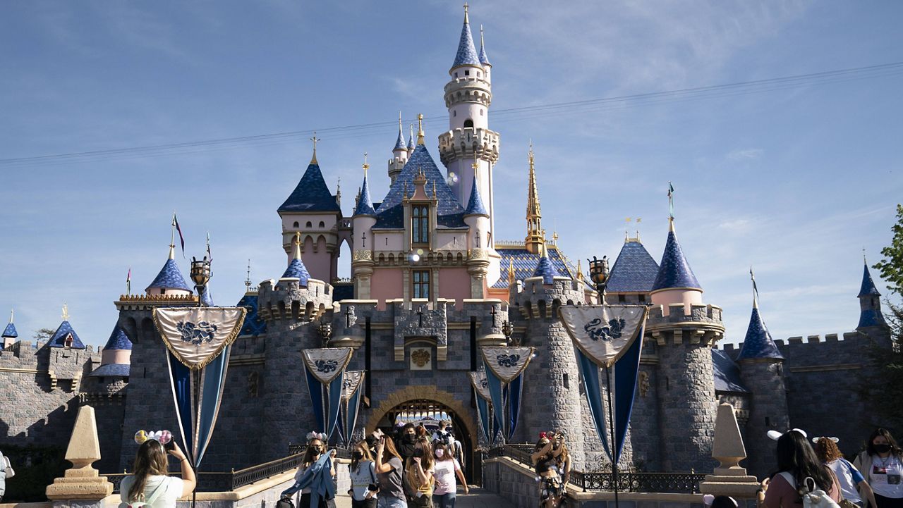 The Sleeping Beauty Castle is seen at Disneyland in Anaheim, Calif., Friday, April 30, 2021. (AP Photo/Jae C. Hong)