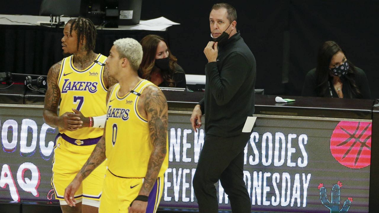 Lakers head coach Frank Vogel looks on during an NBA game between the LA Lakers and the Clippers, Thursday, May 6, 2021, in Los Angeles. (AP Photo/Ringo H.W. Chiu)