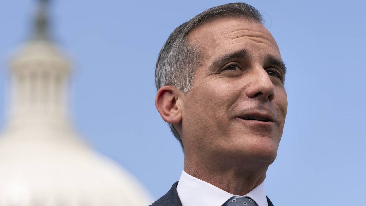 Los Angeles Mayor Eric Garcetti speaks during a news conference Wednesday, May 12, 2021, on Capitol Hill in Washington. (AP Photo/Jacquelyn Martin)