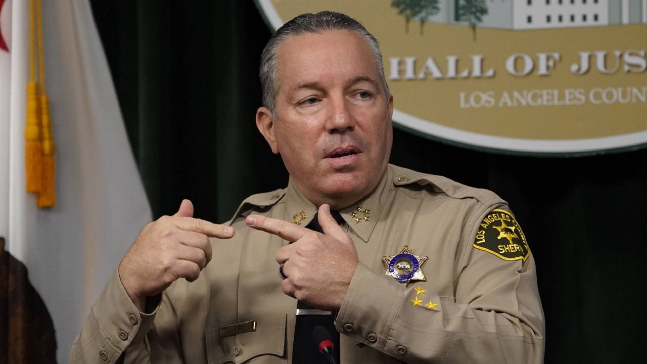  In this Sept. 17, 2020, file photo, Los Angeles County Sheriff Alex Villanueva comments during a news conference at the Hall of Justice in downtown Los Angeles. (AP Photo/Damian Dovarganes, File)