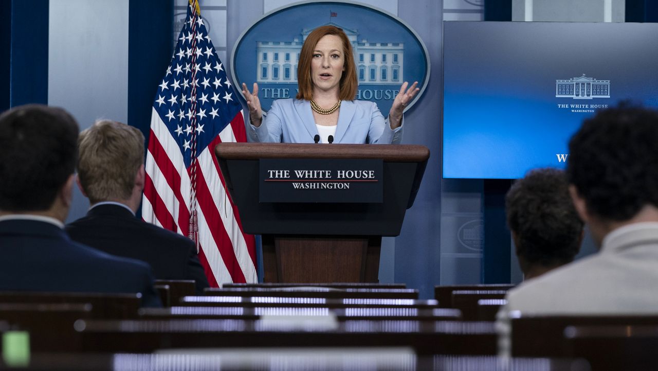 White House press secretary Jen Psaki speaks with reporters in the James Brady Press Briefing Room at the White House, Friday, May 21, 2021, in Washington. (AP Photo/Alex Brandon)
