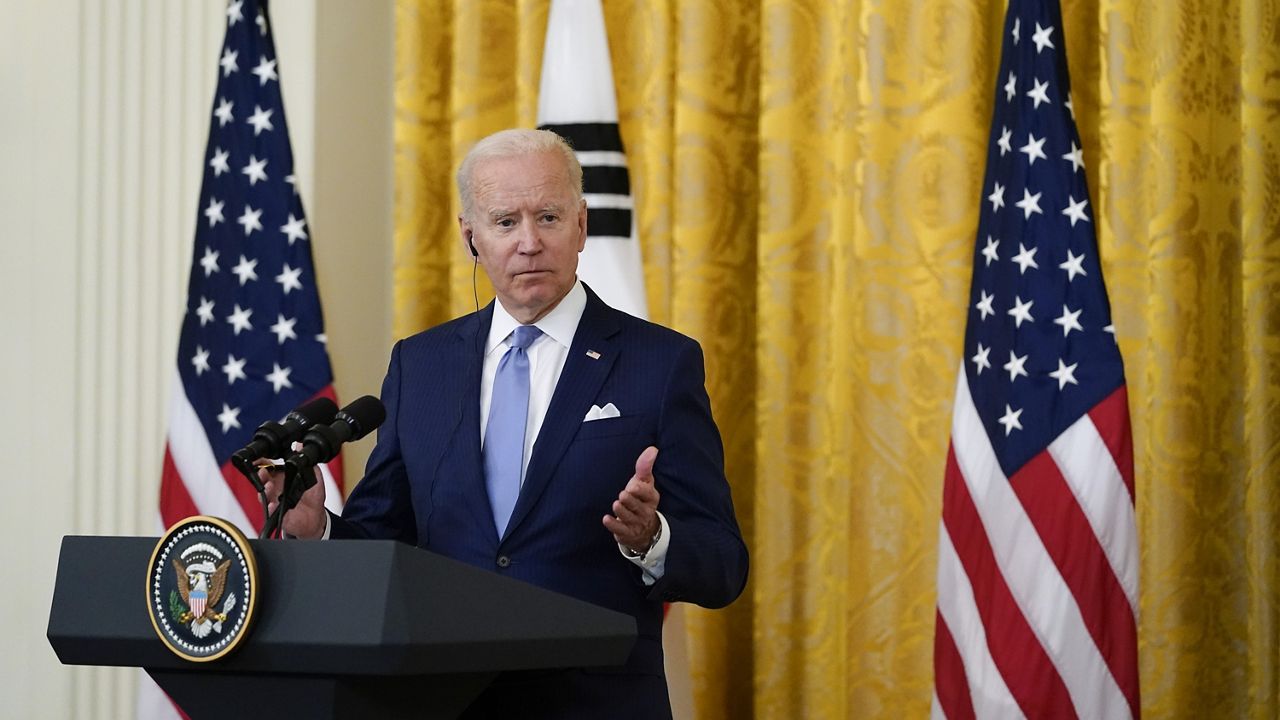 President Joe Biden speaks during a joint news conference with South Korean President Moon Jae-in, in the East Room of the White House, Friday, May 21, 2021, in Washington. (AP Photo/Alex Brandon)