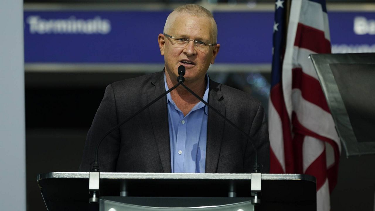 Mike Bonin, Los Angeles city council member, speaks a press conference at the new West Gates at Tom Bradley International Terminal at LAX Airport, May 24, 2021. (AP Photo/Ashley Landis)