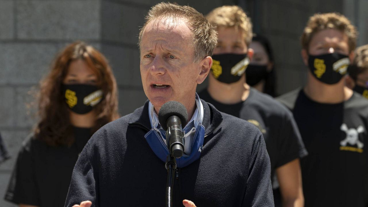 LAUSD Superintendent Austin Beutner takes questions from the media before students are vaccinated at a school-based COVID-19 vaccination clinic in San Pedro, Calif., May 24, 2021. (AP Photo/Damian Dovarganes)