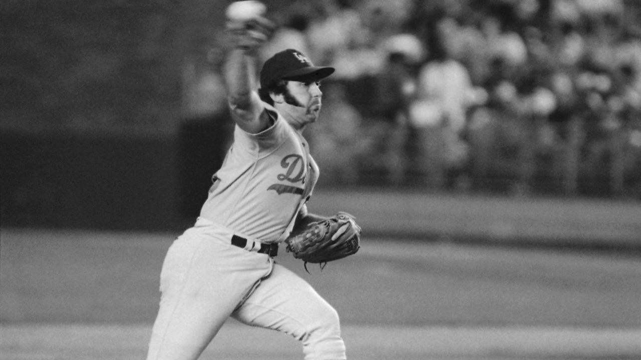 Los Angeles Dodgers pitcher Mike Marshall throws to a New York Mets batter during a baseball game in New York in August 1974. (AP Photo/Richard Drew)